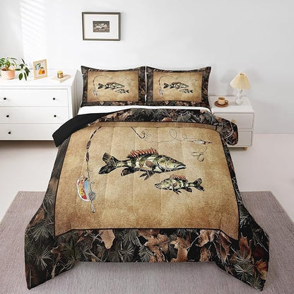 Erosebridal Rustic Bass Fish Comforter Set Full Country Camo Fishing Bedding Set Woodland Camouflage Lake Fish Fisherman Quilt Comforter for Kids Boys Teen Men Retro Farmhouse Cabin Bed Set 3 Pcs