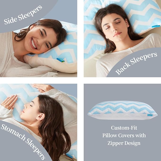 Dreamara Cooling Bed Pillows Queen Size Set of 2 – Adjustable Loft Shredded Memory Foam Pillows for Side, Back & Stomach Sleepers, Supportive & Breathable for Hot Sleepers (Blue)