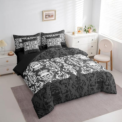 Gothic Skull Comforter Set 7 Piece Bed in a Bag Twin,Grey White Damask Bohemian Vintage Flowers Bedding Set,Goth Skeleton Comforter and Sheet Set,Exotic Boho Floral Crown Victorian Antique Decor