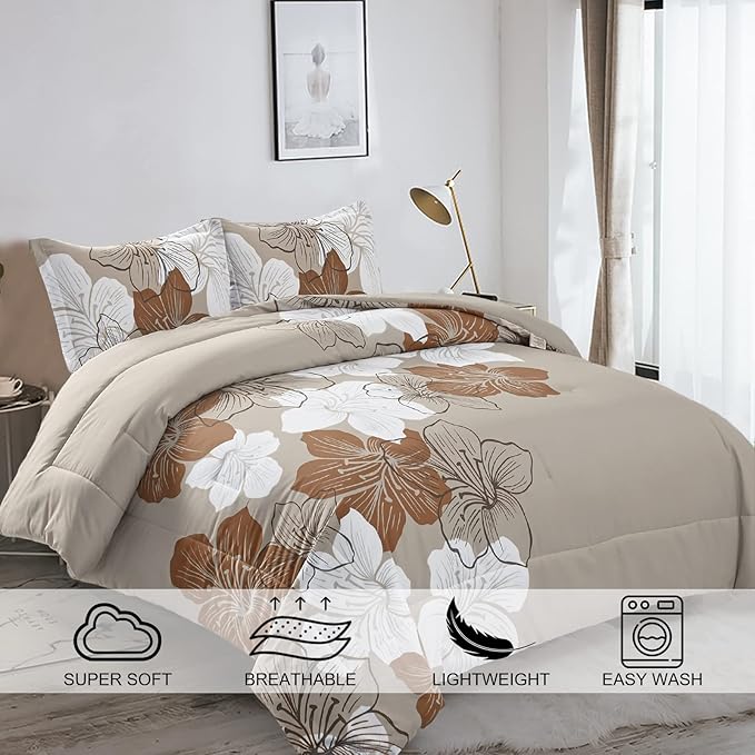Menghomeus Brown Comforter Set King Taupe Floral Comforter Botanical Bedding Sets, Soft Bed Comforter Set for All Season (1 Comforter, 2 Pillowcases)