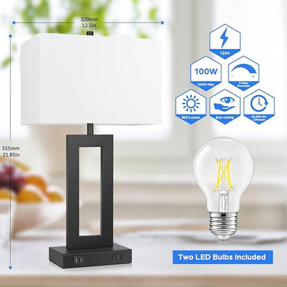 Set of 2 Modern Touch Control Table Lamps with 2 USB Ports, 22’’ Large Bedside Nightstand Lamps 3-Way Dimmable Desk Lamp With White Fabric Shade For Bedrooms Living Room Reading, 2 LED Bulbs Included