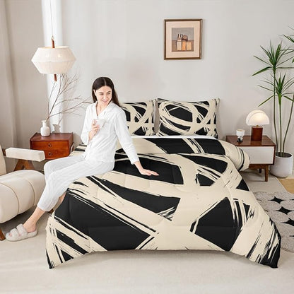 Erosebridal Beige and Black Abstarct Queen Comforter Set for Adult Women Men, Geometric Striped Bedding Set for Minimalists,Graffiti Aesthetic Lines Quilt,Contemporary Boho Modern Art Duvet Insert
