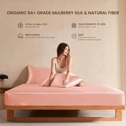 THXSILK Luxury Mulberry Silk Fitted Sheet Set 3 Pcs, King Silk Bed Sheet Set with 16" Deep Pockets, Soft & Cooling Sheets, 1 Fitted Sheet, 2 Pillowcases with Zipper Closure - Charming Pink