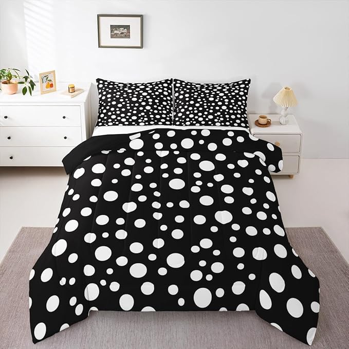 Manfei White Polka Dots Comforter Set Twin Size,French Style Cute Dots Print Bedding Set 2 Pcs for Boys Girls,Geometric Circles Black White Simple Comforter,1 Pillowcase
