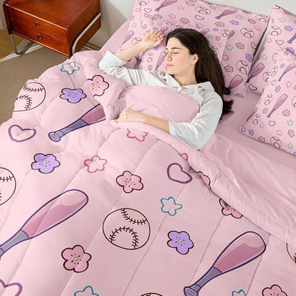 Erosebridal Pink Baseball 7 Piece Comforter Set Twin | Girly Kawaii Floral Bed in A Bag Athletic Competitive Games Sheet Set Heart-Shaped Pattern Love Fitted Sheet Breathable Lightweight