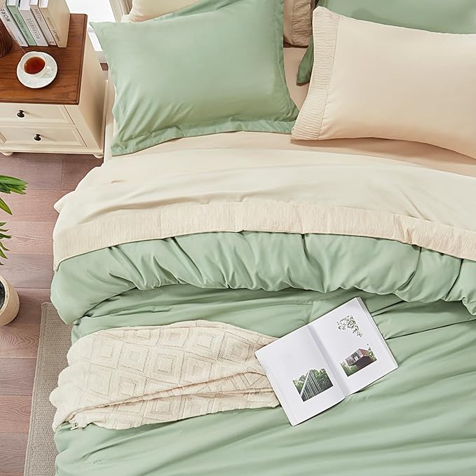 Anluoer Queen Size Bed in a Bag 7 Pieces, Sage Green Bed Set with Comforter, Pillow Shams, Pillowcases, Flat Sheet, Fitted Sheet
