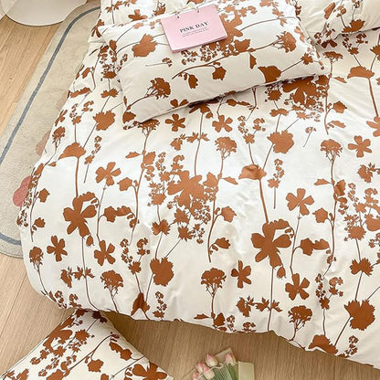 CLOTHKNOW Brown Leaves Full Size Comforter Sets Botanical Bedding Comforter Sets White Brown Comforter Leaves Comforter with 2 Pillowcases
