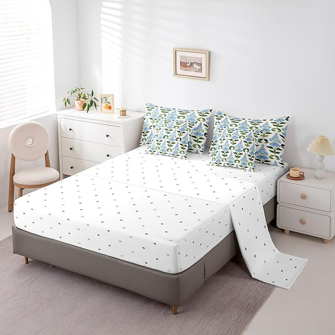 Feelyou Girls Flower Comforter Set with Sheets Queen Size 7 Pieces Kids Romantic Florals Pattern Bedding Set for Boys Women Teens Garden Botanical Nature Theme Bed in a Bag Room Decor