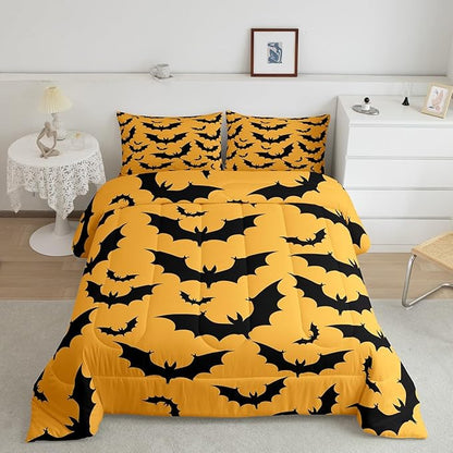 Erosebridal Halloween Bat King Bedding Set Gothic Orange Bat Comforter Set Spooky Goth Animal Bed Collections Horror Halloween Duvet Quilt Sets for Kids Teens Adults