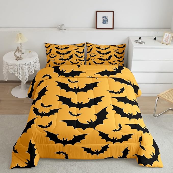 Erosebridal Halloween Bat Queen Comforter Set Gothic Orange Bat Bedding Set Spooky Goth Animal Bed Set Horror Halloween Quilt Set for Kids Teens Adults