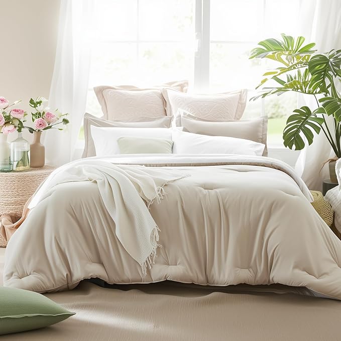 Beige Comforter Set King Reversible Bedding Set, 7 Pieces Soft Bed in a Bag with Comforter, Sheets, Pillowcases & Shams, All Seasons Boho King Bed Set