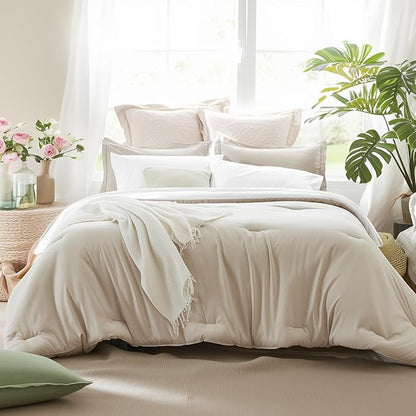 Beige Comforter Set King Reversible Bedding Set, 7 Pieces Soft Bed in a Bag with Comforter, Sheets, Pillowcases & Shams, All Seasons Boho King Bed Set