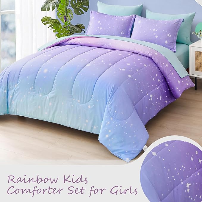 Drucon Rainbow Kids Comforter Set for Girls,6 Pieces Bed in a Bag Twin Size, Ultra Soft Microfiber Bedding Set(1 Comforter, 1 Flat Sheet, 1 Fitted Sheet, 1 Pillow sham, 2 Pillowcases)