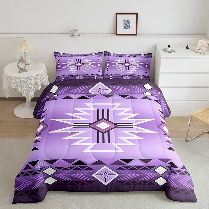 Southwestern Bedding Set Queen Size,Purple Aztec Tribal Arrow Stripes Comforter Set 3Pcs for Kids Teens Women Men Room Decor,Rustic Farmhouse Quilt Set Vintage Cowboy Duvet Insert,2 Pillowcases
