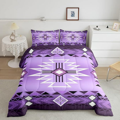 Southwestern Comforter Set Twin Size,Purple Aztec Tribal Arrow Stripes Bedding Set 2Pcs for Kids Teens Women Men Room Decor,Rustic Farmhouse Quilt Set Vintage Cowboy Duvet Insert,1 Pillowcase