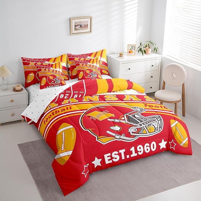 Feelyou Football 7 Pieces Comforter Sets Twin Size Kids Rugby Sports Bedding Set for All Season Football City Bed in a Bag with Comforter, Sheets, Pillowcases & Cushion Cover