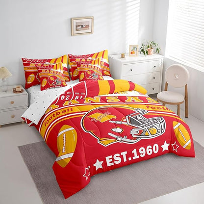Feelyou Football 7 Pieces Comforter Sets King Size Kids Rugby Sports Bedding Set Sports Theme Bed in a Bag with Comforter, Sheets, Pillowcases & Cushion Cover