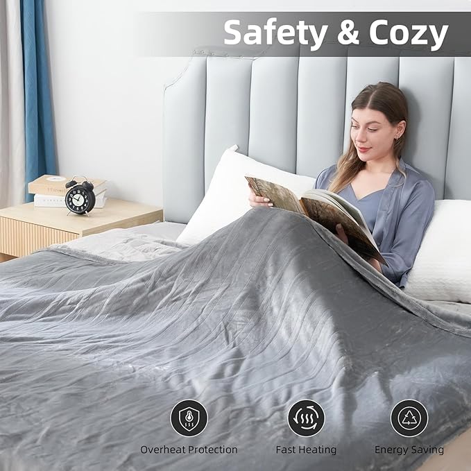 Electric Heated Blanket Twin Size 62"x84", Fast Heating Throw, Soft Plush Microplush for Bed & Couch, 10Hs Auto Off & 5 Heating Levels, Machine Washable, Gifts for Grandma & Family-Light Gray