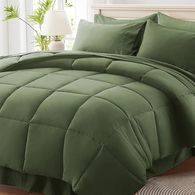 Anluoer Full Size Bed in a Bag 7 Pieces, Olive Green Bed Comforter Set with Sheets, All Season Bedding Sets with 1 Comforter,2 Pillow Shams,2 Pillowcases, 1 Flat Sheet,1 Fitted Sheet