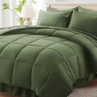 Anluoer Queen Comforter Set 7 Piece, Olive Green Bed in a Bag with All Season Bedding Comforter Sets, 1 Comforter, 2 Pillow Shams, 2 Pillowcases, 1 Flat Sheet, 1 Fitted Sheet