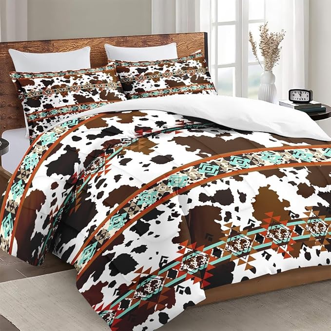 Queen Size Comforter Set with 2 Pillowcases, Vintage Retro Animal 3 Pcs Bedding for Kids and Adults, Cow Brown Cowhide Soft Comforter Set for Bedroom Bed Decor