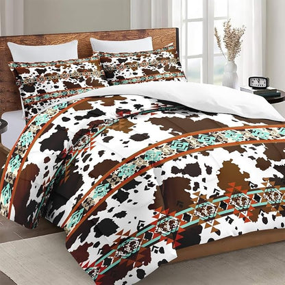 Queen Size Comforter Set with 2 Pillowcases, Vintage Retro Animal 3 Pcs Bedding for Kids and Adults, Cow Brown Cowhide Soft Comforter Set for Bedroom Bed Decor