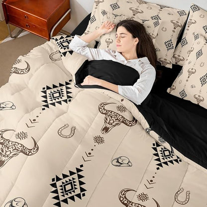 Erosebridal Cowboy Hat 7 Piece Bedding Set Full Bull Skull Comforter Set with Sheets Cowboy Hat Dot Western Beige Aztec Bed in a Bag Horseshoe Geometric Boho Arrow for Teens Men Women