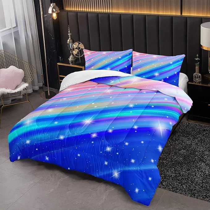 Blue Rainbow Gradient Star Comforter Set Twin Size,Colorful Bedding Set for Boys Girls Teens,Tie Dye Pastel 3 Pieces Duvet Sweet Bedroom Decor