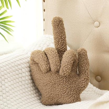 Menkxi Small Middle Finger Decorative Pillow 13.78 x 9.84 in Funny Shaped Sherpa Fleece Throw Pillow Warm Soft Emoticon Cushion Middle Finger Decor for Couch Gag Gift(Light Brown)