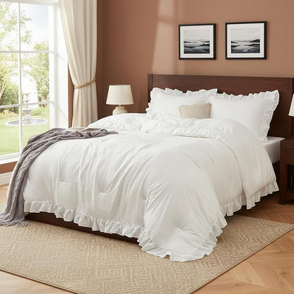CAROMIO White Ruffled Twin Comforter Set, 2PCS Soft Washed Microfiber Lightweight & Fluffy All-Season Bedding Comforter with Vintage French Country Styles, White, 68x90 in