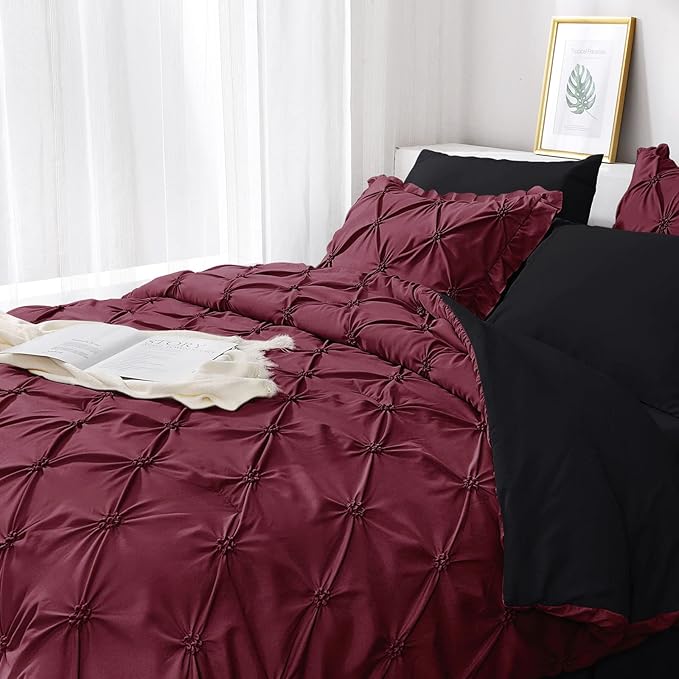 JOLLYVOGUE Burgundy Twin Size Comforter Sets 5 Pieces, Pintuck Bed in a Bag Comforter Set for Bedroom, Bedding Comforter Sets with Comforter, Sheets,Ruffled Shams & Pillowcases