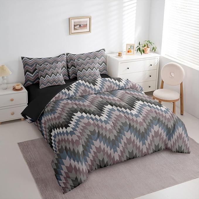 Erosebridal Aztec Geometric Bed in A Bag Twin 7 Pcs Farmhouse Western Comforter Set for Kids Boys Girls Country Native American Bedding Sets Black Grey Ethnic Aesthetic Sheet Set with Comforter
