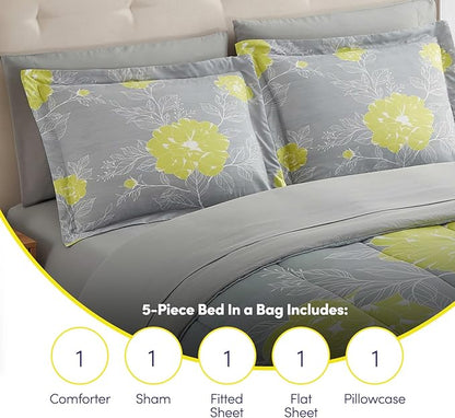 Sweet Home Collection 5 Piece Comforter Set Bag Solid Color All Season Soft Down Alternative Blanket & Luxurious Microfiber Bed Sheets, Florence, Twin