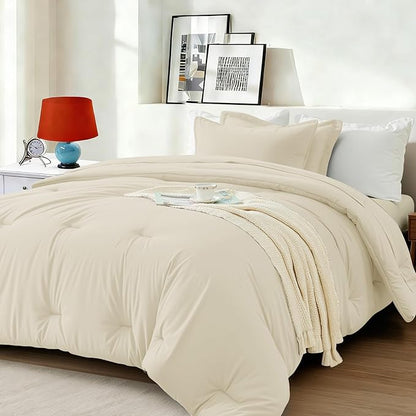 Twin Comforter Set 5 Piece - Soft Bed in a Bag Queen Size Comforter Sets, Cozy Luxury Bedding Sets with All Season Comforter, Flat Sheet, Fitted Sheet,Pillowcases & Shams, Beige