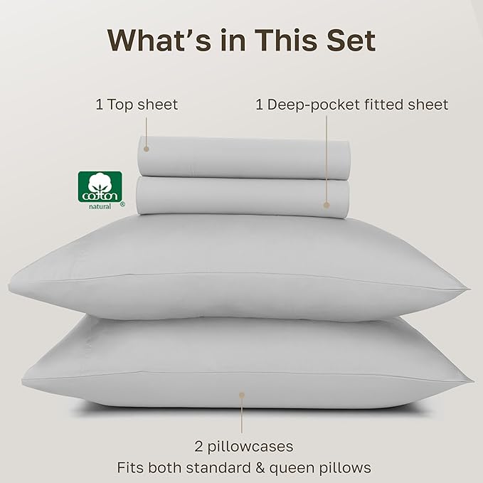 California Design Den 100% Egyptian Cotton Bed Sheets, Full Size Cotton Sheet, Certified Authentic Luxury Deep Pocket Sheets, Soft, Breathable Sateen Sheet Set for Hot Sleepers (Light Grey, Full)