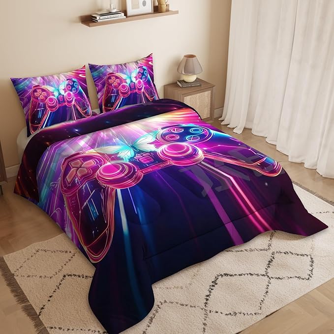 Gamer Comforter Set, 3D Butterfly glaxy Pattern for Kids Teens Adults,Decorative Bedding Comforter Sets with 2 Pillow Shams, King Size