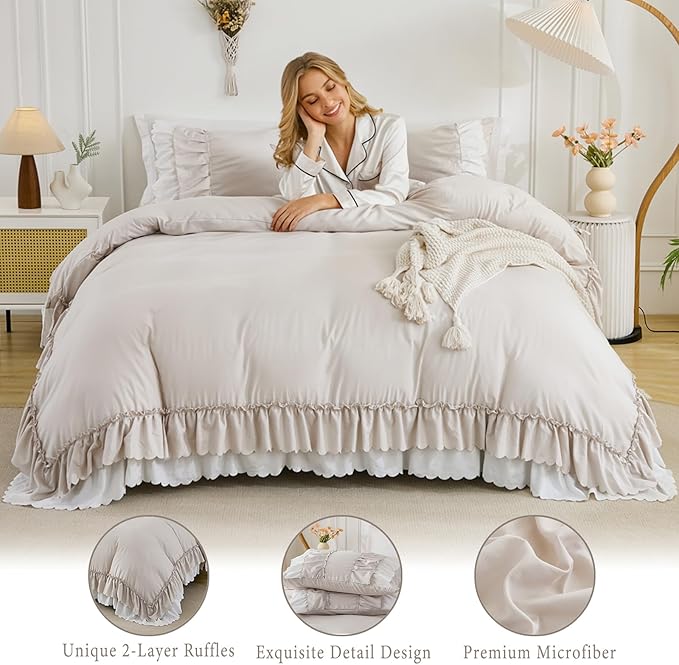 Herside Beige Ruffle Comforter Set Queen Size,Boho Shabby Chic Bedding Sets, Soft Fluffy Comforters Sets for All Season,Vintage Ruffled 3 Pcs Microfiber Lightweight Quilt Set Gift for Women Girls