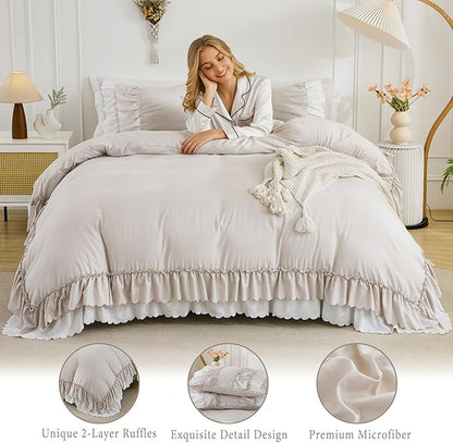 Herside Beige Ruffle Comforter Set Queen Size,Boho Shabby Chic Bedding Sets, Soft Fluffy Comforters Sets for All Season,Vintage Ruffled 3 Pcs Microfiber Lightweight Quilt Set Gift for Women Girls