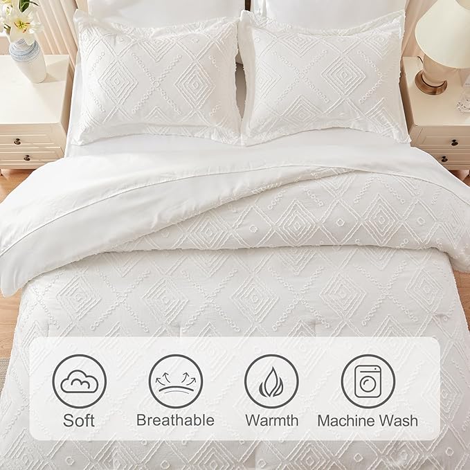 EMME King Comforter Set - 7 Pcs White Boho Comforter Set, Tufted King Size Bedding Sets with Sheets, Shabby Chic Embroidery Bed Set Fluffy Bed Bag for All Season(102"X90")