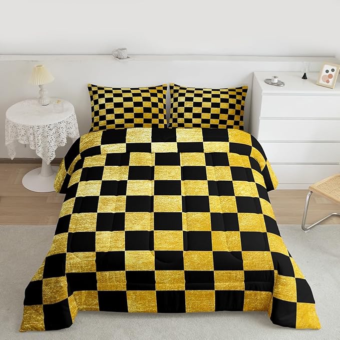 Feelyou Checkered Retro Kids Comforter Set King Size Golden Black Plaid Bedding Set Geometric Vintage Duvet Quilt for Kids Boys Girls Bedroom Modern Simple Groovy Aesthetic Decor
