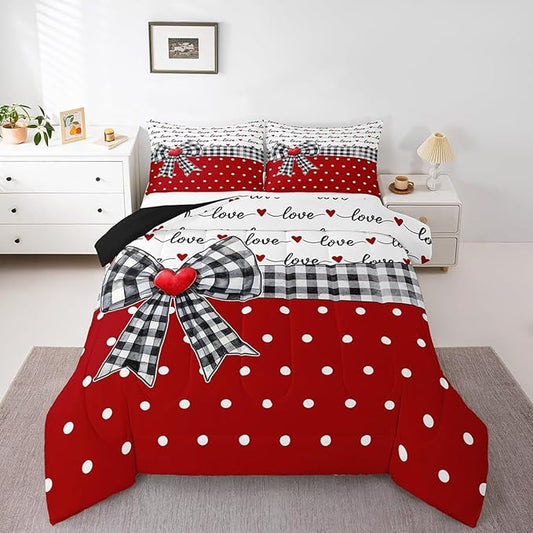Erosebridal Bowknot Girls Bedding Comforter Sets Plaid Bow Tie Bedding Set Romantic Princess Style White Dots Comforter Set King for Kids Teen Women,Red Black Dreamy Quilt Duvet 2 Pillow Cases