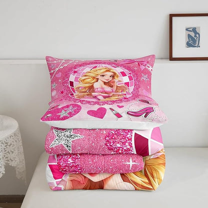 Castle Princess Kids Comforter Set Queen Size,High-heeled Shoes Lip Bowknot Fashion Bedding Set,Girls Women Room Decor,Glitter Stars Sequins Down Comforter,Pink Romantic Duvet Insert,2 Pillowcases