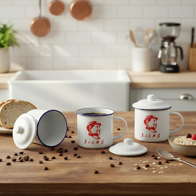 Personalized Ceramic Coffee Mug with Lid and Handle, Mao Zedong Serve The People Text, Unique Gift 13.5 oz Tea Cups