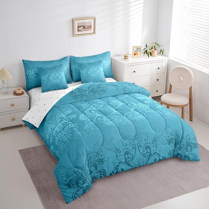 Erosebridal Gothic Damask Bed in a Bag Queen Comforter Set 7 Piece,Sun Moon Tree of Life Bedding Sets Teal Victorian Floral Goth Sheet Set with Comforter