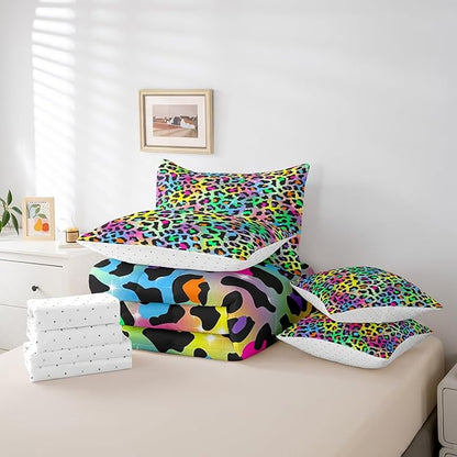 Feelyou Colourful Leopard Bedding Set for All Season Cheetah 7 Pieces Comforter Sets Queen Size Teens Room Decor Animal Print Bed in a Bag with Comforter, Sheets, Pillowcases & Cushion Cover