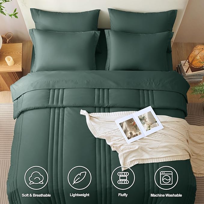 CozyLux King Comforter Set - 7 Pieces Bed in a Bag Forest Green Comforter Set with Sheets Luxury Bed Set All Seasons, Soft Bedding Set with Down Alternative Comforter, Sheets, Pillowcases & Shams