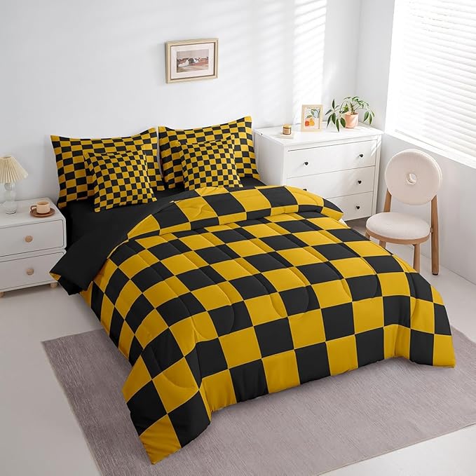 Feelyou Checkered 7 Piece Bedding Set Teen Yellow Black Plaid Comforter Set with Sheets Full Size Kids Boys Cute Retro Neutral Checkerboard Geometric Bed in a Bag Vintage Aesthetic Room Decor