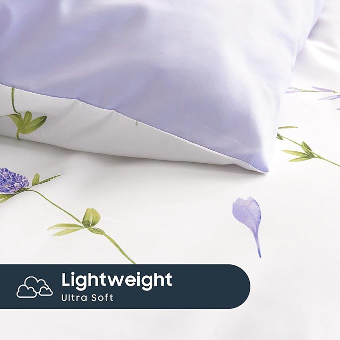 Wake In Cloud - Floral Comforter Set, Cottagecore Cute Aesthetic Watercolor Tiny Flowers and Leaves, Soft Lightweight Bedding for Women Teen Girls, 3 Pieces, Purple, Full Size