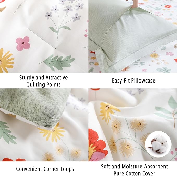 Botanical Cotton Comforter Queen Size 3Pcs - Colorful Flowers, Berries and Leaves on White, Chevron Sage Green Back, Reversible Lightweight Bedding Sets with Soft Fill(Queen, 90"×90")