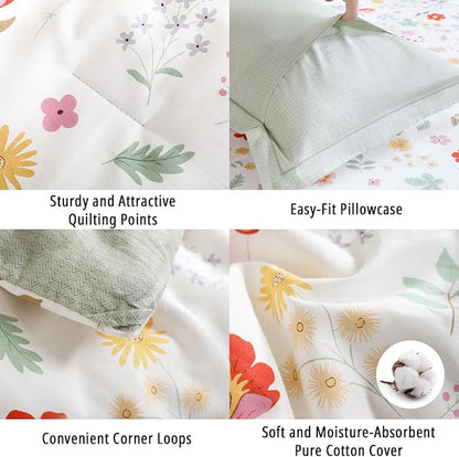 Botanical Cotton Comforter Queen Size 3Pcs - Colorful Flowers, Berries and Leaves on White, Chevron Sage Green Back, Reversible Lightweight Bedding Sets with Soft Fill(Queen, 90"×90")